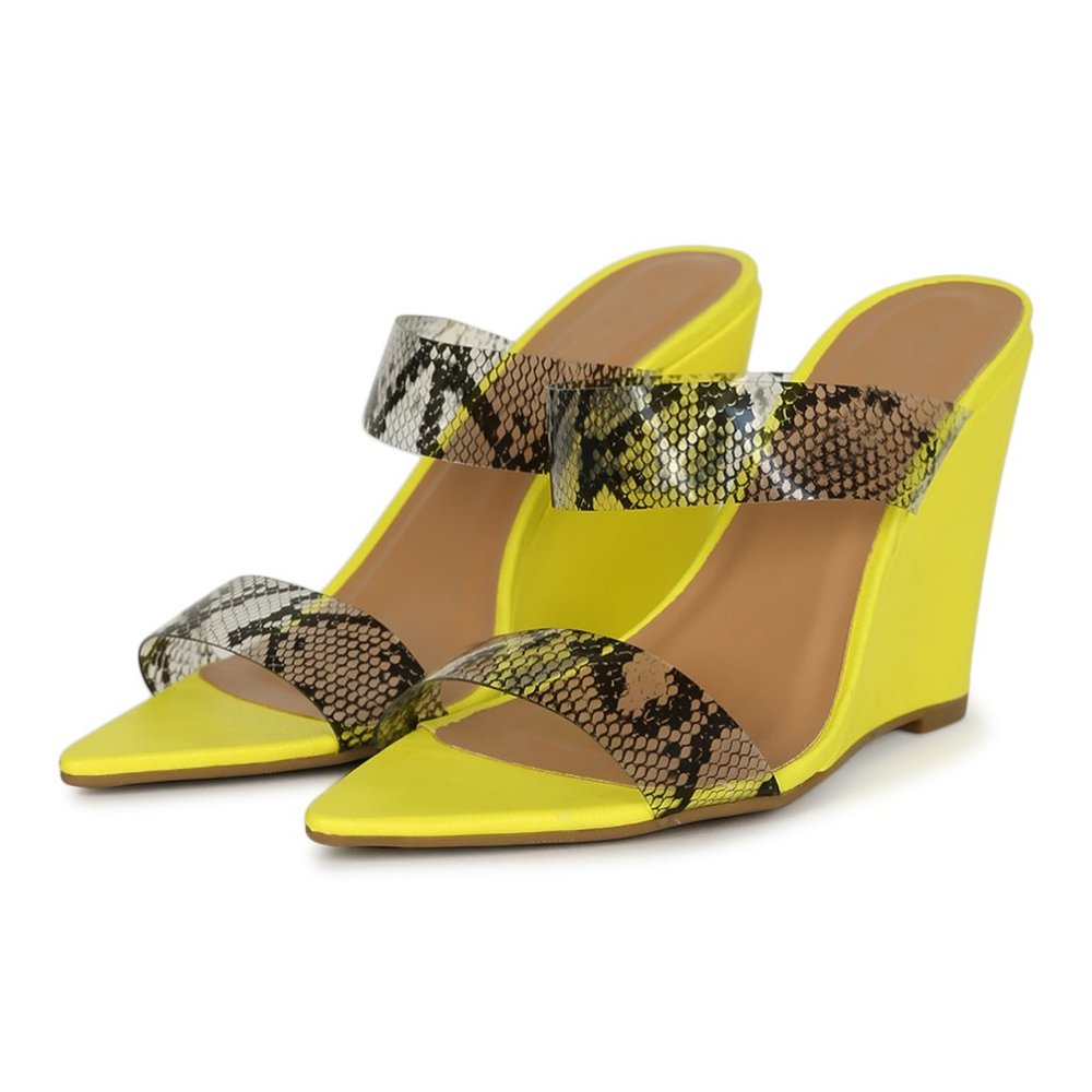 Anne Michelle Pointed Toe Lucite Clear Snake Double Strap Neon Yellow Wedges